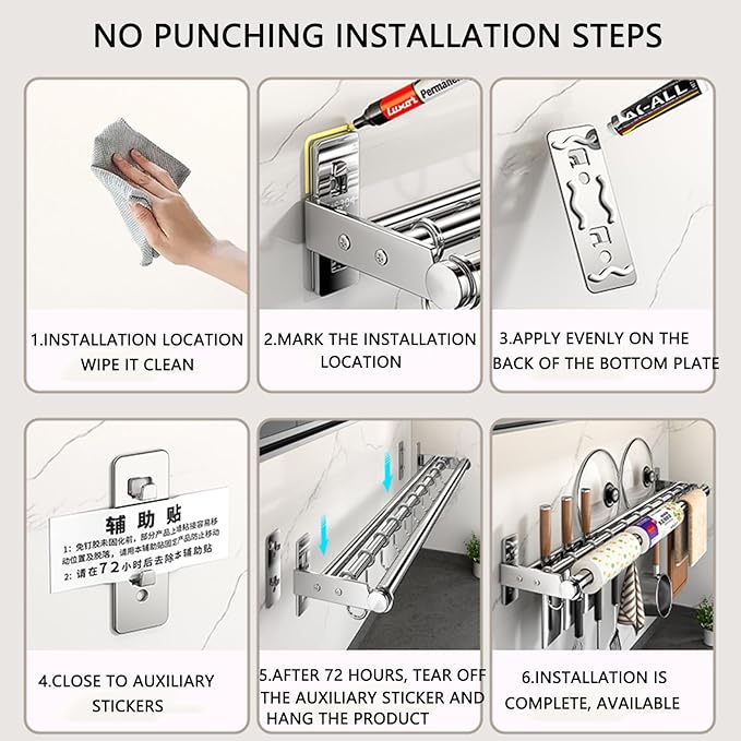 Hanging Wall Mount knife Wall Mount, Kitchen Organizer Storage Shelf for Utensils Spatula Spoon, Space-Saving Knife Rack with Hooks,Wall-Mounted Utensil Holder (Silver, 40CM+Single Pole+6Hooks)