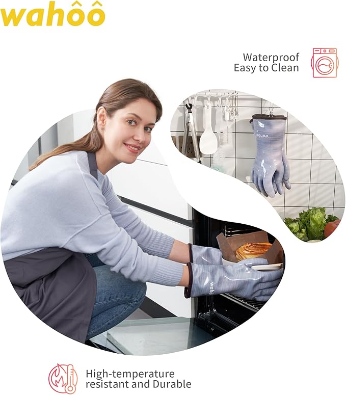 wahoo Professional Liquid Silicone Oven Mitts Gloves, Heat Resistant Gloves for Cooking, Baking, CoralAir Liner, 12 Inch, Purple, Medium