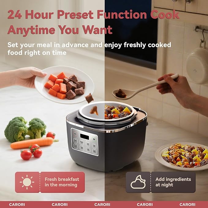 CARORI Electric Pressure Cooker 3QT, 8-Function Compact Multi-Cooker with Ceramic Nonstick Pot for Saute, Pressure Cook, Slow Cook, Meat Stew, Rice, Delay Start, Keep Warm, Safe Venting, Gray