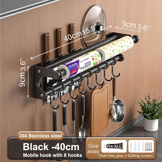 Hanging Wall Mount Knife Wall Mount,Kitchen Utensil Hanger,Space-Saving Kitchen Utensil Rack with Hooks,Kitchen Storage Shelf for Utensils Spatula Spoon, Easy to Clean (Black, 40CM+8Hook)