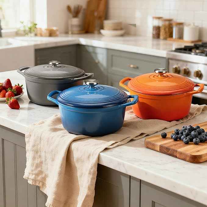 Overmont Enameled Cast Iron Dutch Oven - 5.5QT Pot with Lid Cookbook & Cotton Potholders - Heavy-Duty Cookware for Braising, Stews, Roasting, Bread Baking Blue