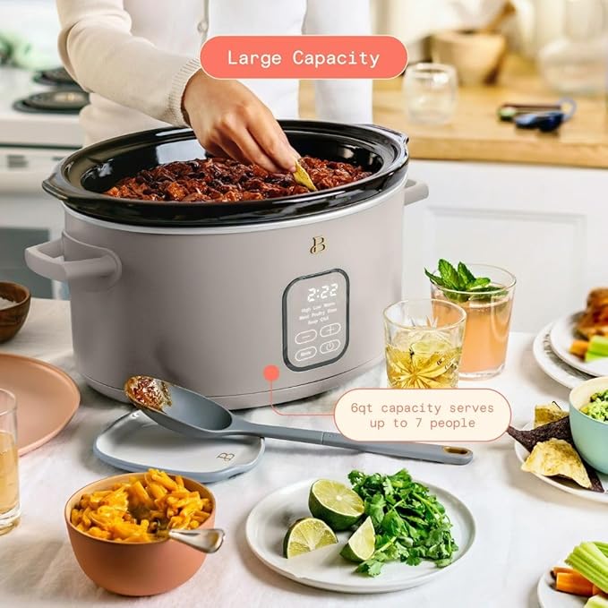 Beautiful 6 Qt Programmable Slow Cooker by Drew Barrymore -5 Preset Cooking Functions, Digital Countdown Timer, Dishwasher-Safe Parts and Cool-Touch Handles (Porcini)