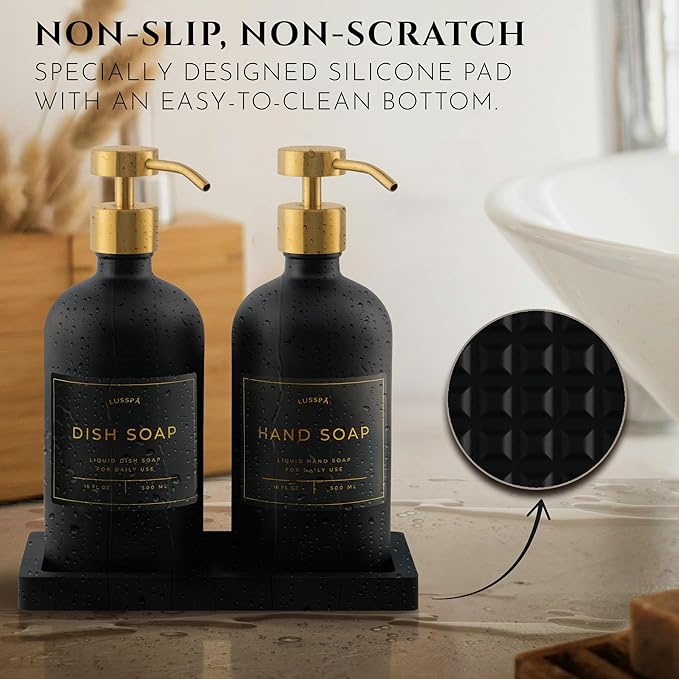 Glass Soap Dispenser Set of 2 (Black) with Silicone Tray | Hand and Dish Soap Dispenser for Kitchen and Bathroom | 16.8 Oz Glass Bottles with Stainless Steel Pump & 15 Waterproof Labels (Black/Gold)