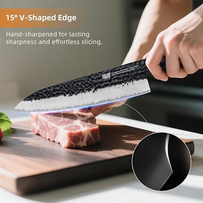 FINDKING Chef’s Knife 8 Inch, All Purpose Cooking Knife with High Carbon Steel Hammered Blade, Rosewood Octagonal Handle, for Meat, Fish, Fruits and Vegetables, Dynasty Series
