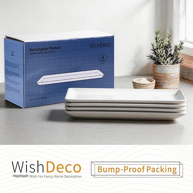 WishDeco Ceramic Serving Platters Set of 4, Rectangle Serving Trays 12 inch, White Serving Plates, Long Platter for Cake, Steak, Sushi, Appetizer