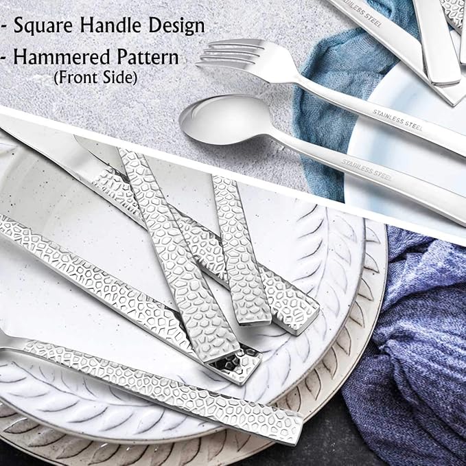 E-far 10-Piece Hammered Silverware Set, Stainless Steel Square Flatware Set Service for 2, Tableware Cutlery Set Includes Forks Spoons Knives, Modern Design & Mirror Polished - Dishwasher Safe