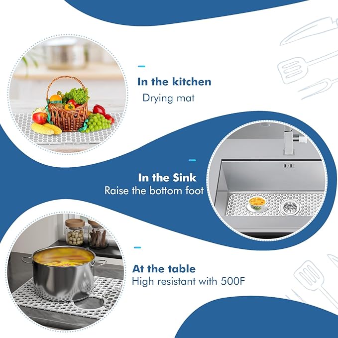 Bestjing Silicone Sink Protectors for Kitchen Sink - 26"x 14" Kitchen Protector Accessory, Non-Slip Heat Resistan Mat for Bottom of Farmhouse Stainless Steel Porcelain (Rear Drain Hole,White)