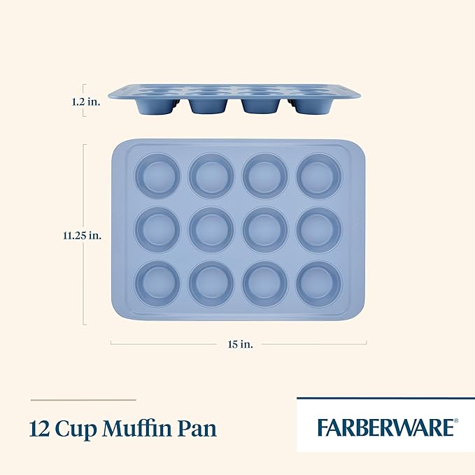 Farberware Easy Solutions Nonstick Bakeware Muffin/Cupcake Baking Pan, 12-cup with fill lines - Blue