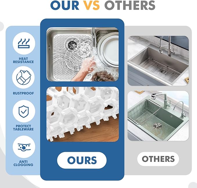 Bestjing 2 Pack Silicone Sink Protectors for Kitchen Sink with Rear Drain, 13.58''x 11.6'' Non-Slip Heat Resistant Mat Grid for Bottom of Stainless Steel Porcelain, Dishwasher Safe (White)