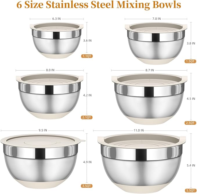 Fyrnova Mixing Bowls with Lids Set, 6 Piece Stainless Steel Nesting Storage Bowls for Kitchen, with 3 Grater Attachments & Non-Slip Bottoms, Size 5.5,3.5,2.5,2.1,1.5,1.1 QT