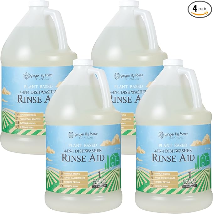 Ginger Lily Farms Botanicals Plant-Based 4-In-1 Dishwasher Rinse Aid, 100% Vegan & Cruelty-Free, Fragrance Free, 1 Gallon (Pack of 4)