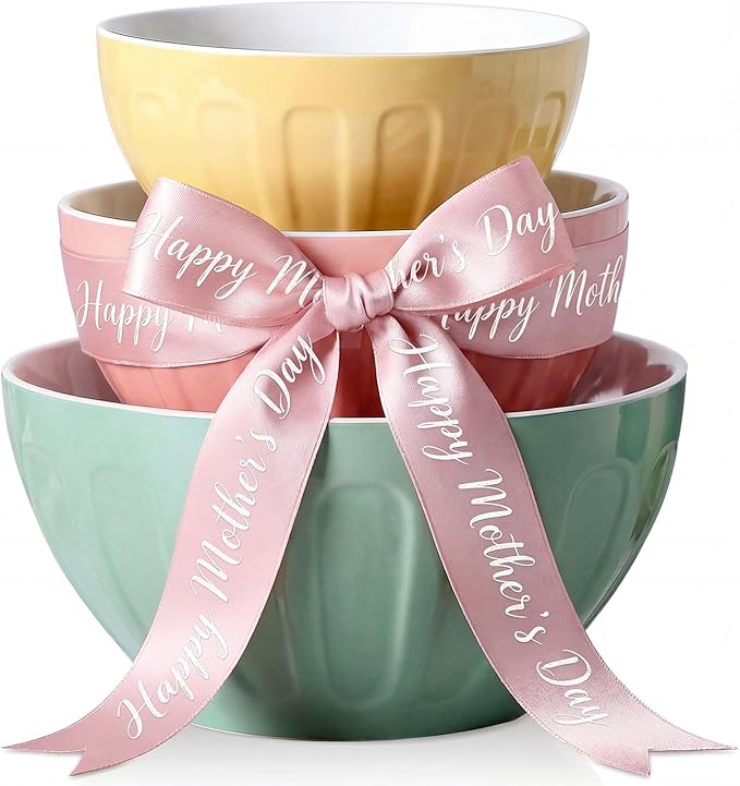 Lareina Ceramic Mixing Bowls Set of 3, Large Nesting Bowls for Serving/Baking/Prepping, Mother's Day & Housewarming/Wedding Gift, Oven/Microwave/Dishwasher Safe 3.2/1.7/1.2 Qt, Pastel Color