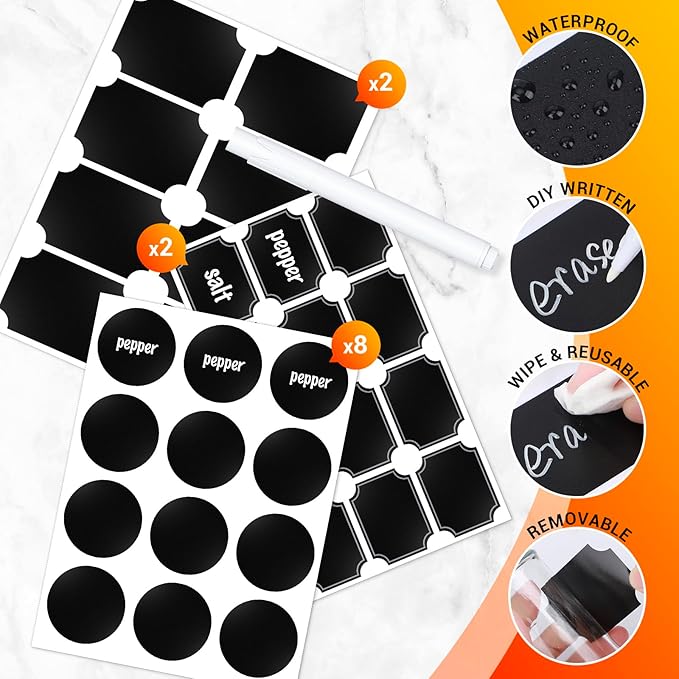 Segarty Spice Jars with Labels, 6 Pack 5oz Glass Spice Containers with Lids, Empty Clear Salt Shakers for Kitchen Condiment Storage, Spice Bottles Set with 136 Stickers, 1 Marker Pen and 1 Brush