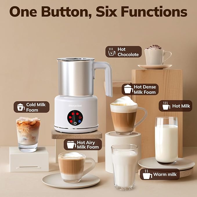 Large Electric Milk Frother and Steamer, 16.9oz/500ml Milk Steamer and Frother for Latte or Hot Chocolate, Dishwasher Safe, 6 Functions, Enjoy Perfect Milk Froth in 2 Min(White-Stainless Steel)