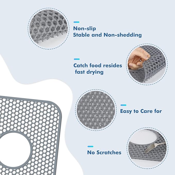 Bestjing Silicone Sink Protectors for Kitchen Sink with Center Drain,13.58''x 11.6'' Folding Non-Slip Heat Resistant Mat Grid for Bottom of Porcelain Stainless Steel Porcelain (Center Hole)