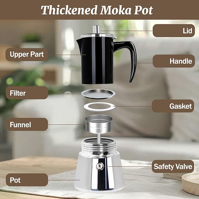 6 Cup Thickened Moka Pot 304 Stainless Steel 300ml Italian Espresso Coffee Maker Stovetop CoffeeMakers Mocha Pot Percolator for Induction Stove Classic Cafe Makers Portable for Easy Brewing
