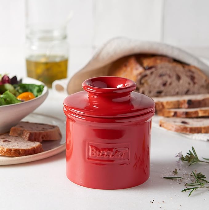 Butter Bell - The Original Butter Bell crock by L Tremain a Countertop French Ceramic Butter Dish Keeper for Spreadable Butter Café Matte + Retro Collection & Steel Gray + Maraschino Red Glossy Finish