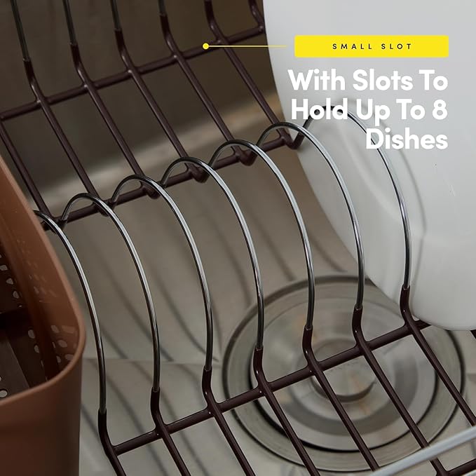 Dish Drying Rack & Cutlery Holder 2 Piece Set - Compact Sink-Fitting Dish Drainer with Rubberized Undercoating, Space-Saving Kitchen Organizer for Plates, Cups, Bowls & Utensils in Sink, Bronze Brown