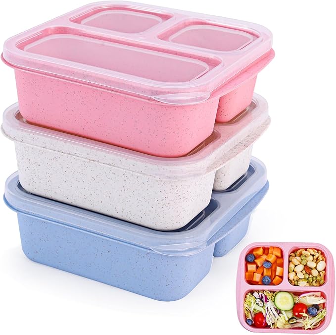 Rinwoc Bento Box [Portion Size], 3 Pack Snack Containers with 3 Compartments for Meal Prep & On-the-Go [School, Travel], Lunchable Container Reusable and BPA-Free