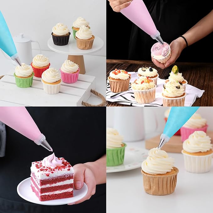 200Pcs Piping Bags and Tips Set, 12 Inch Pastry Bags, Cakes Decorating Kit Supplies, Icing Bags Disposable with 1 Reusable Piping Bags, 12 Frosting Tips, 2 Couplers, 2 Bag Ties