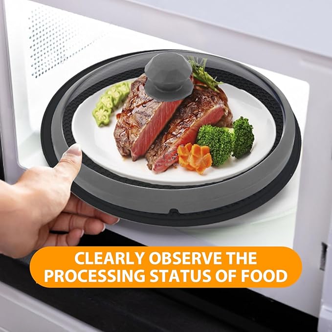 Microwave Glass Cover Splatter Guard Lid with Anti-scald Silicone Handles and Vented Edge for Food Pot Plate Cover 10.5 inch Grey