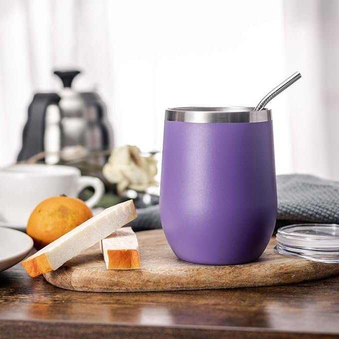 COMOOO Stainless Steel Wine Tumbler Bulk with Lid and Straw 12oz Double Wall Vacuum Insulated Travel Tumbler Cup Stemless for Hot and Cold Drinks, Coffee, Wine, Cocktails (Light Purple, 8 Pack)