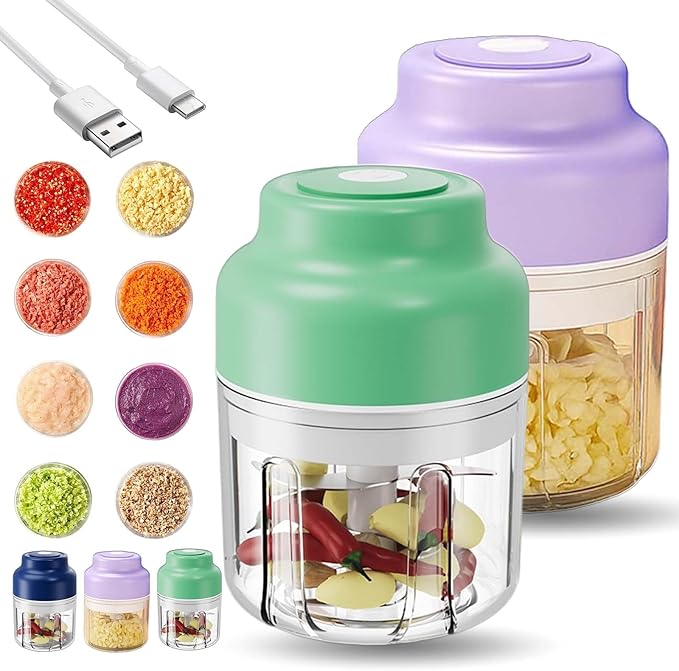 Electric Garlic Chopper, Mini Portable Veggie Cutter with 4/6 Stainless Steel Blades, Portable Wireless Rechargeable Mini Electric Garlic Food Chopper for Garlic, Onion, Chili, Nuts (2PCS-B,250ML)