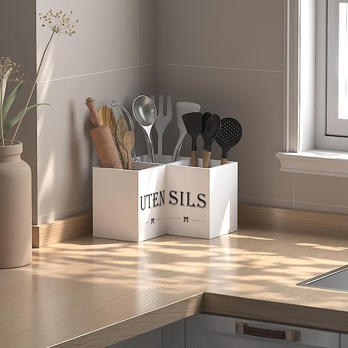 Suli Extra Large Kitchen Utensils Holder with 3 Compartments,Corner Utensil Caddy for countertop,Wooden Utensil Organizer for Kitchen Countertop, Farmhouse Decor- White