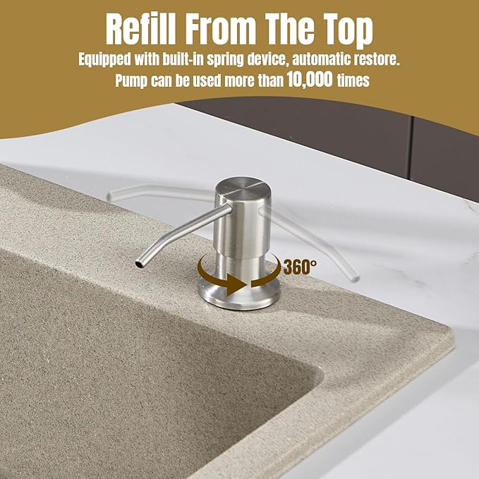 Built in Soap Dispenser for Kitchen Sink Countertop, Brushed Nickel Stainless Steel Soap Dispenser Pump Head Refill from the Top with 11 Ounce Transparent Soap Bottle