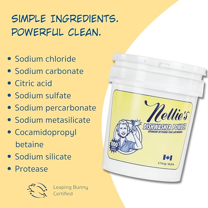 Nellie's Dishwasher Powder - Superior Grease Penetration, Powerful Plant-Based Formula, Safe for Septic Systems, Advanced Food Particle Dislodging, Eco-Conscious Cleaning - 1,100 Scoop Bulk Bucket