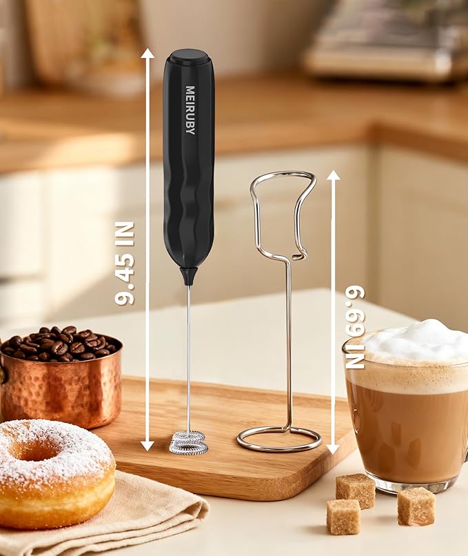 MEIRUBY 2-Pack Milk Frother Handheld with Stand, Valentines Day Gifts for Him and Her, Powerful Electric Coffee Frother, Coffee Lover Gift for Lattes, Cappuccino, Matcha & Hot Chocolate, Black/Pink
