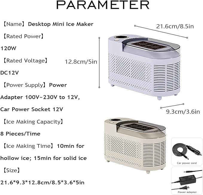 Countertop Ice Maker, Electric Ice Machine, 8 Cubes Ready in 10 Mins, Portable Ice Cube Maker with Car Power Cord, for Home & All Spaces, Clear & Large Ice Cubes,CreamWhite