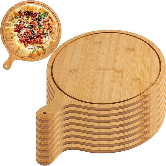 6 Pack Pizza Board Set – Premium Wooden Pizza Plates for Serving & Cutting, Round Bamboo Pizza Plate with Handle, Durable & Lightweight for Home & Restaurant (Up to 13 Inches),8inch
