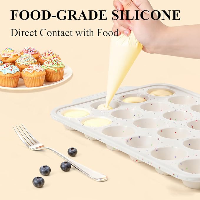 Vinino Silicone Cupcake Pan Set with Metal Reinforced Frame, Regular 12 Cup and Mini 24 Cup Muffin Pans for Baking with Non-Slip Handle, Nonstick Muffin Tray for Oven, BPA Free, Dishwasher Safe
