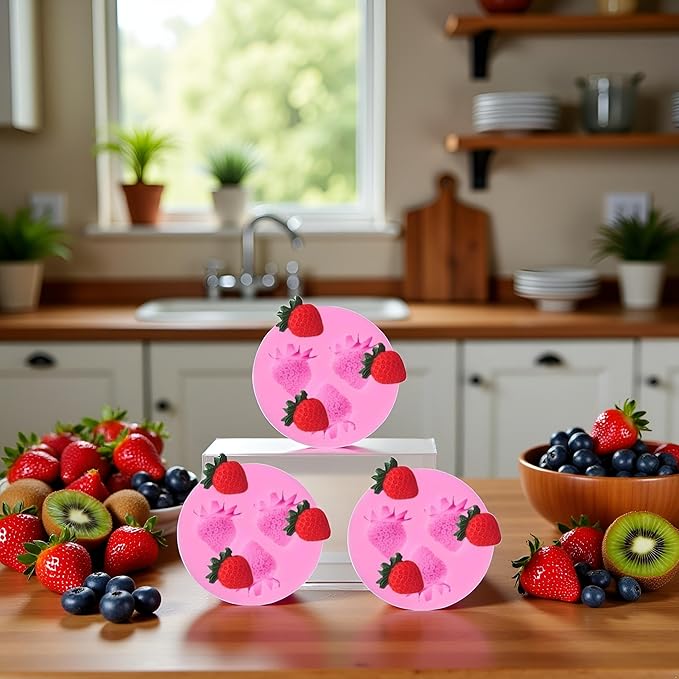 3Pcs Pink 3D Strawberry Silicone Mold Soap Sugar Fondant Molds DIY Cake Chocolate Decorating Tool Candy Biscuit Fondant Molds For Cake Decorating Kitchen Cookware, Pastry and Baking
