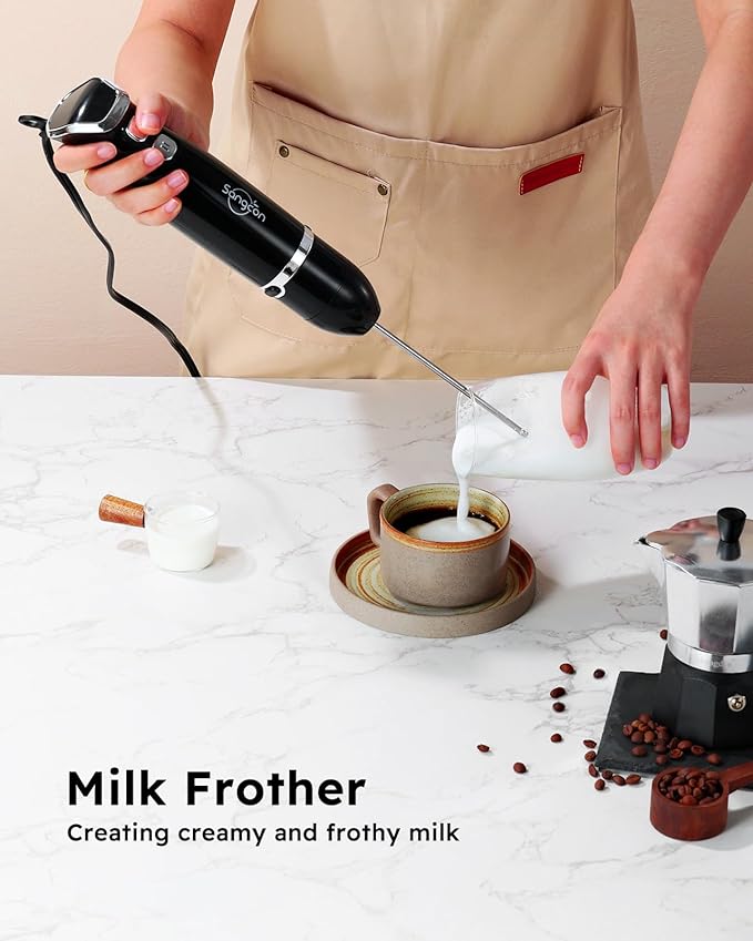 Sangcon 5-in-1 Immersion Blender Handheld with 1000ml Cup, 2-Speed Adjustable Hand Blender with 304 Stainless Blades, Detachable Whisk and Milk Frother