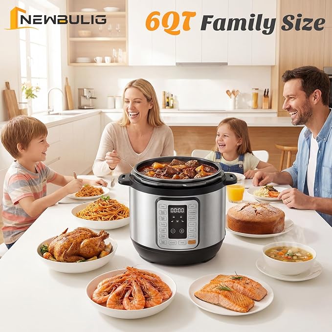 NEWBULIG 16-in-1 Electric Pressure Cooker, 6QT Multi Cooker with 12 Presets, Slow Cook Rice Steamer Sauté Soup Meat Stew Canning Yogurt Maker, Ceramic Inner Pot & Recipe Book Included, Silver