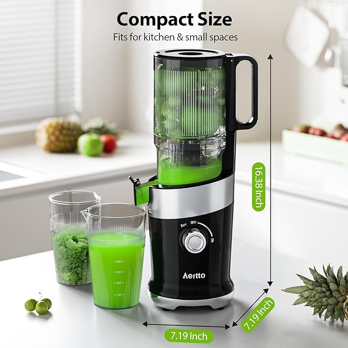Cold Press Juicer with Whole Feed Chute, Aeitto Masticating Juicer Machines, Juice Extractor Machine Easy to Clean, High Juice Yield, For Whole Vegetables and Fruits, Easy to Assemble, Onyx Black
