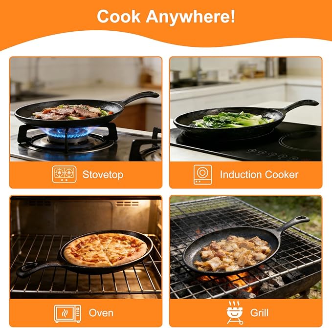 2 Sets Cast Iron Fajita Skillet Set Sizzling Plate with Wooden Base & Anti Scald Protection Hot Handle Cover, Cast Iron Skillets Set for Home Barbecue Kitchen Party Restaurant Catering Service