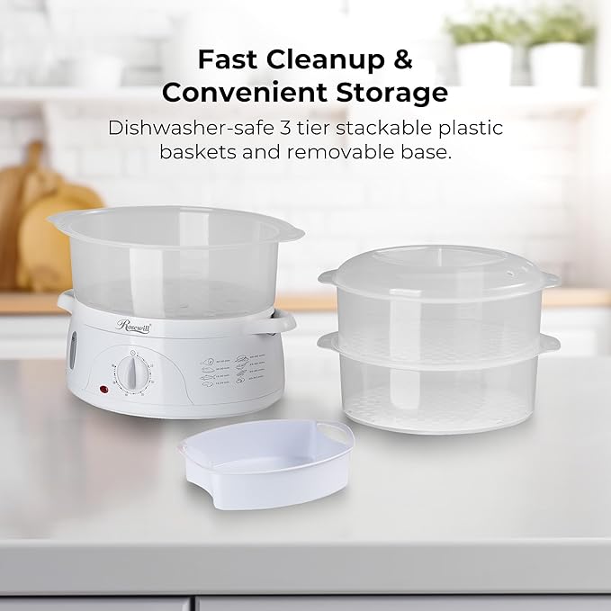 Rosewill Electric Food Steamer with 3 Tiers BPA-Free Stackable, Dishwasher Safe Baskets, 800W with fast steam heating within 40s, Auto shut-off and 60-min timer, 9.5 Quarts Capacity - White
