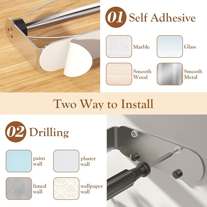 Paper Towel Holder Under Cabinet + Towel Robe Hooks, Single Hand Operable Under Cabinet Paper Towel Holder with Damping Effect Adhesive Wall Mount Paper Towel Rack for Bathroom Kitchen(Silver)