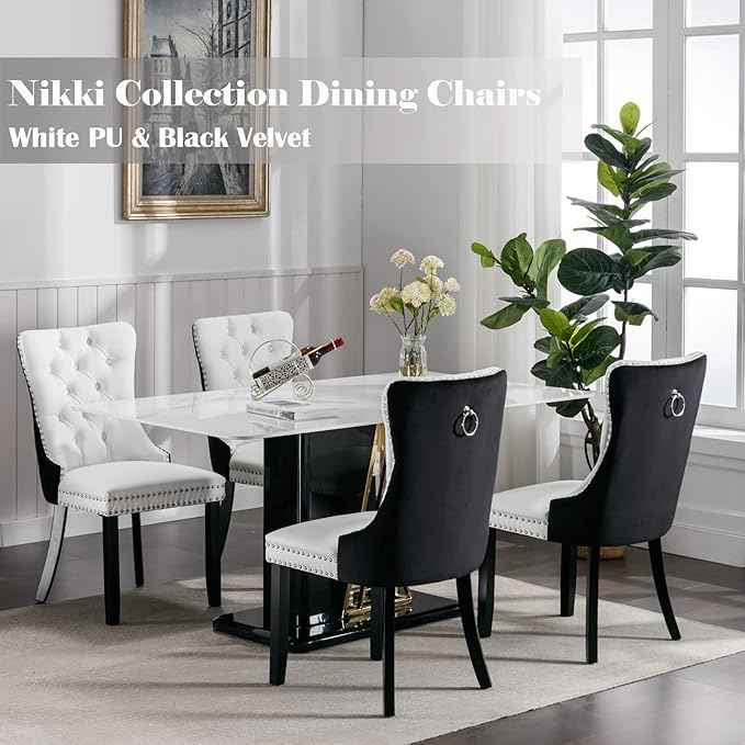 Dining Room Chairs Set of 4, Upholstered Dining Chairs with Back Ring Pull Trim and Solid Wood Legs, Modern Tufted Kitchen Chairs for Dining Room, White Pu Leather Splicing Black Velvet