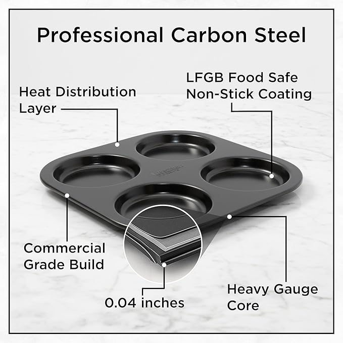 Wrenbury Nonstick Whoopie Pie Pan 4 Cup - Jumbo Carbon Steel Shallow Baking Tray for Muffin Top Macarons Cookies Yorkshire Puddings Cornbread & Burger Buns