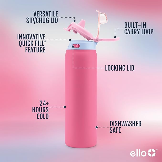 Ello Pop & Fill 32oz Stainless Steel Water Bottle with Quick Fill Technology, Double Walled and Vacuum Insulated Metal, Leak Proof Locking Lid, Sip and Chug, Reusable, BPA Free, Cherry Breeze