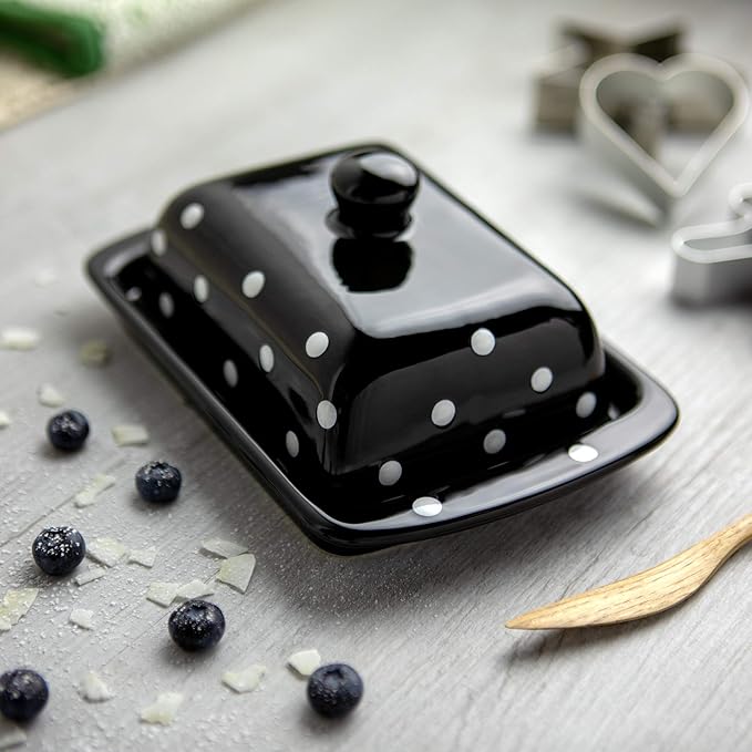 City to Cottage Large Ceramic Butter Dish With Lid for Countertop - Handcrafted Black and White Polka Dot Keeper, Container With Knob Handle, Holder Tray With Cover
