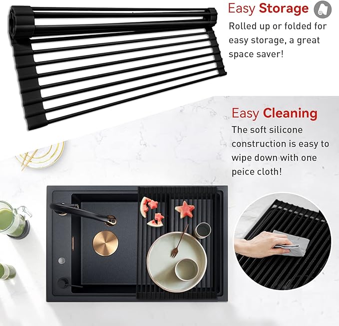MERRYBOX Roll Up Over The Sink Dish Drying Rack Silicone Wrapped Foldable, Heat-Resistant, Anti-Slip Sink Rack Multipurpose Dish Drainer for Kitchen Sink Counter - Black, 17.5" x 11"