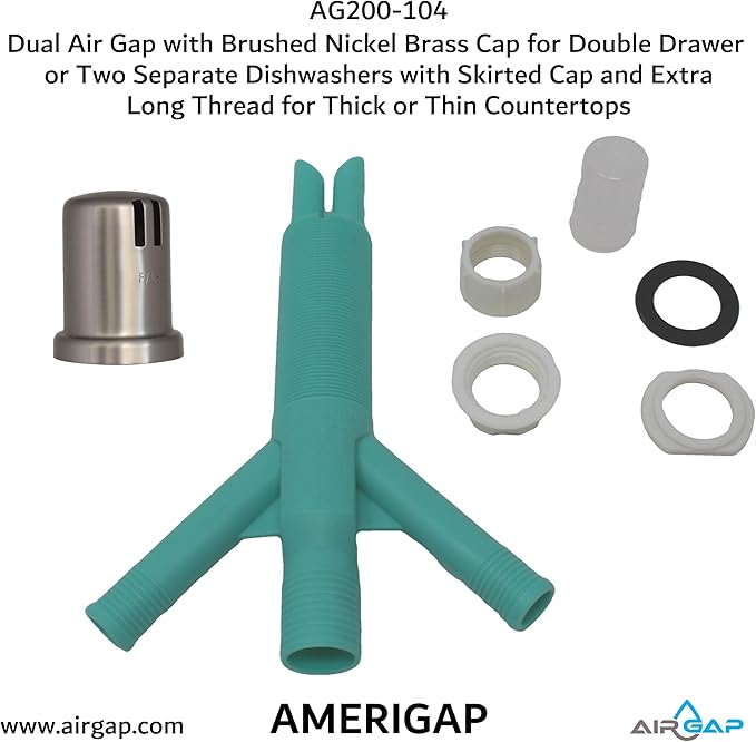 Dual Air Gap with Brushed Nickel Brass Cap for Double Drawer or Two Separate Dishwashers with Skirted Cap and Extra Long Thread for Thick or Thin Countertops (AG200-104, AG200-X04, AMERIGAP)