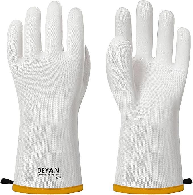 DEYAN Silicone BBQ Gloves - 600°F Heat Resistant Oven Mitts for Grilling, Smoking & Baking - Waterproof, Oil Proof Non-Slip Kitchen Gloves for Cooking, Frying, BBQ Accessories(White, 8/M)