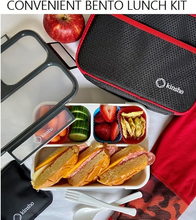 kinsho Lunch Boxes for Kids Boys Teens - Bento Box Set with Insulated Bag and Ice Pack, 3 Compartment Leak Proof Food Container, BPA-Free, Microwave Safe, Ideal for School & Work, Black & Red