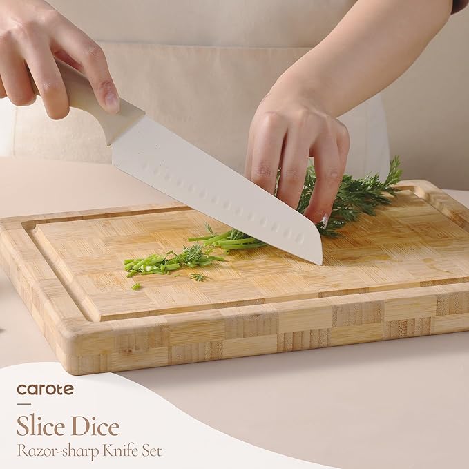 CAROTE 13Pcs Kitchen Utensils Set with 360 Rotating Knife Block, Heat Resistant Cooking Utensils Set with Wooden Handle, Kitchen Knife Sets with Nonstick Ceramic Surface, Cream White
